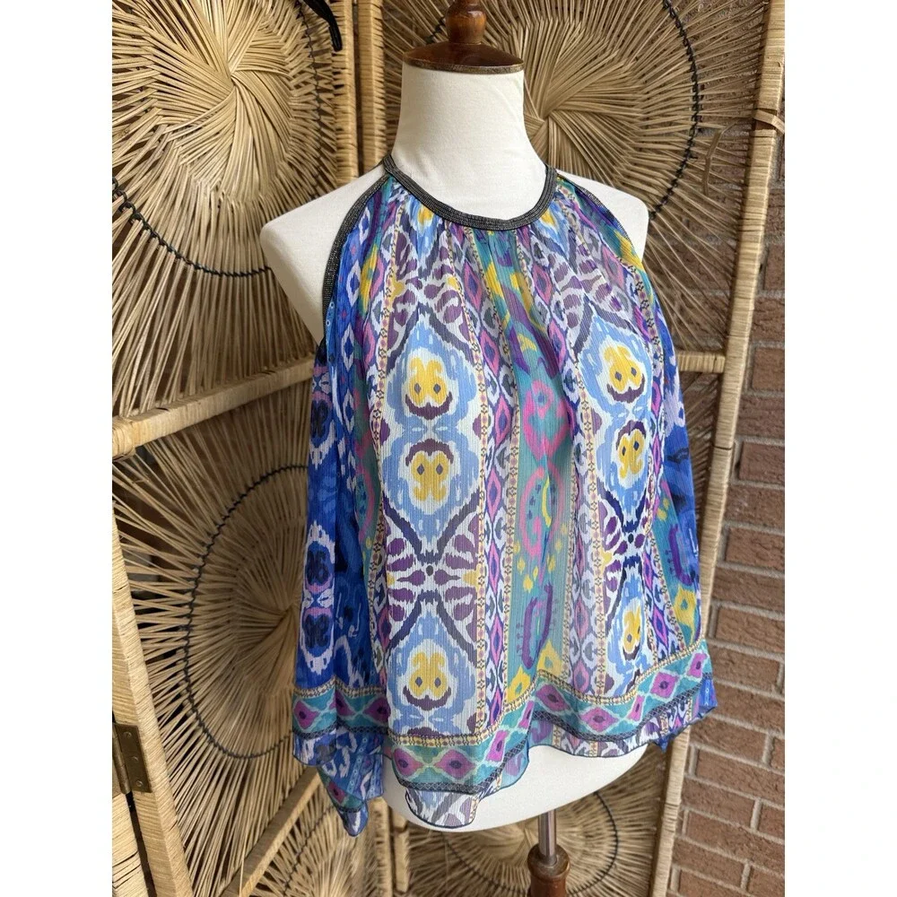 Zara Printed Swing Halter Tribal Print Blue Women’s Beaded Trim Sz S Roomy - Picture 3 of 8